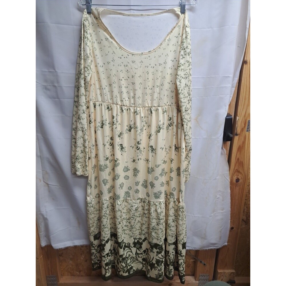 Yellow With Green Floral Print Long Sleeve Womens Dress Size Large